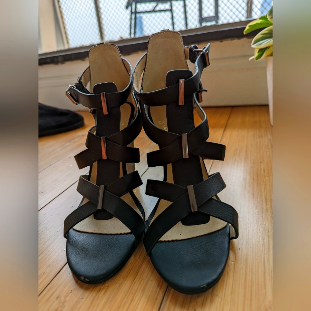 Black cage leather heels